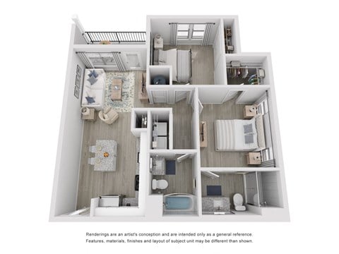 Floor plan for 2 beds, 2 baths, 921 sqft